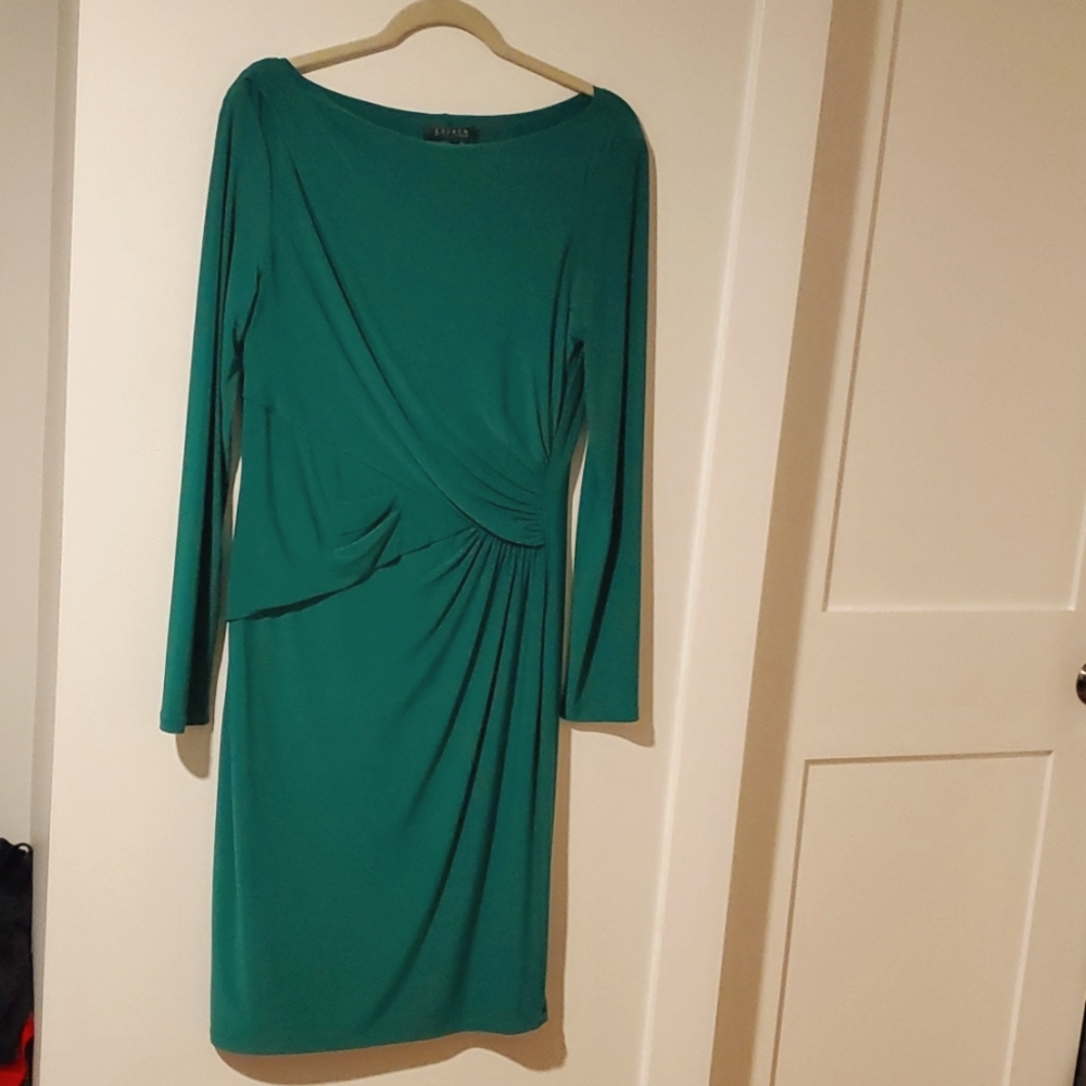 Lauren Ralph Lauren Emerald Green Long Sleeve Draped Dress Size 10